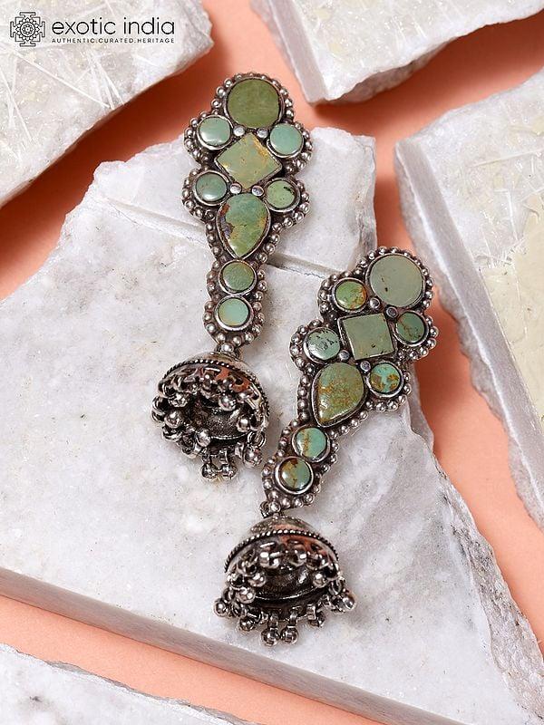 Exotic India Sterling Silver Jhumki Earrings With Tibetan Turquoise