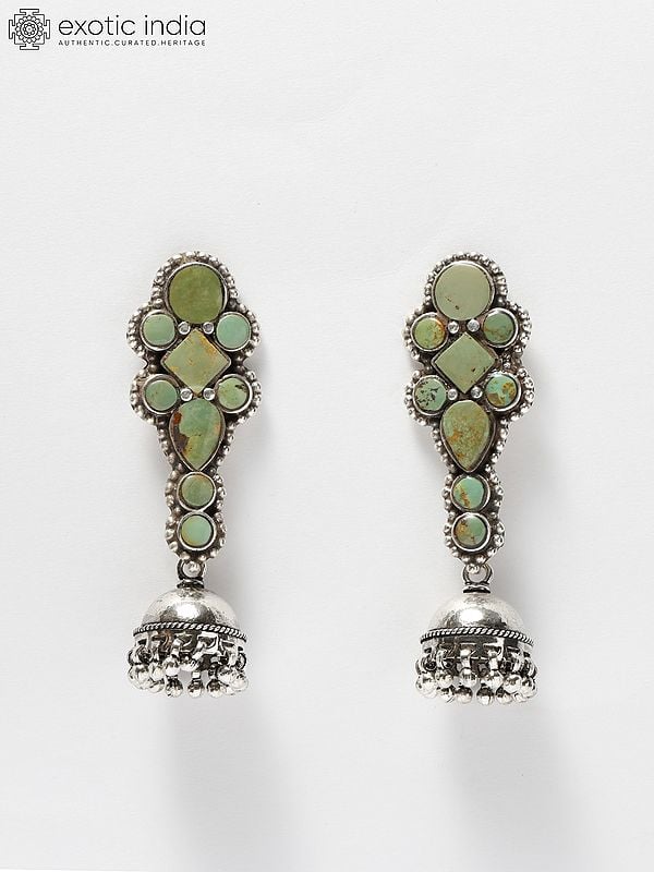 exotic india Sterling Silver Jhumki Earrings with Tibetan Turquoise