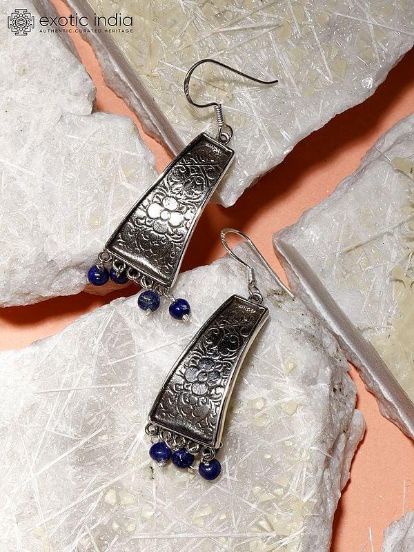 Exotic India Sterling Silver Lapis Lazuli Hook Earrings With Engraved Flowers 