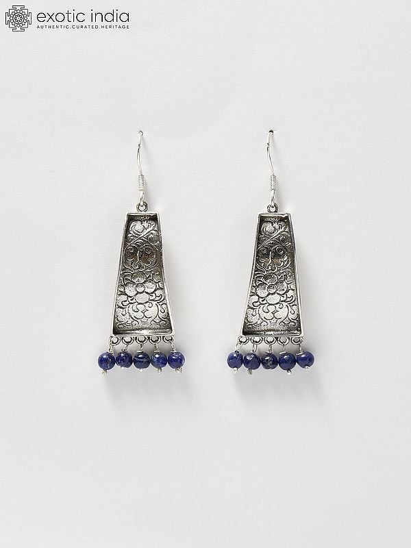 exotic india Sterling Silver Lapis Lazuli Hook Earrings with Engraved Flowers 