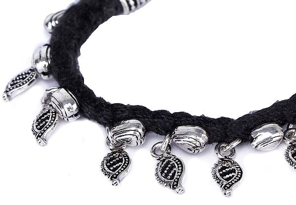 Exotic India Sterling Silver Leaf And Heart Bracelet With Black Cord (Adjustable)