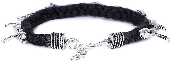 Exotic India Sterling Silver Leaf And Heart Bracelet With Black Cord (Adjustable)