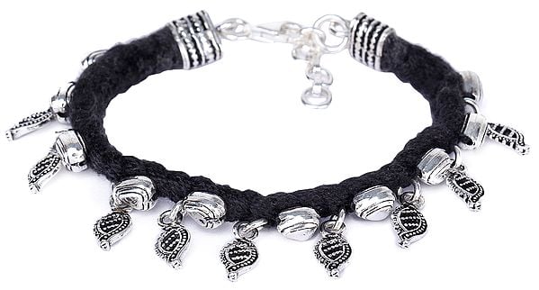 exotic india Sterling Silver Leaf and Heart Bracelet with Black Cord (Adjustable) 