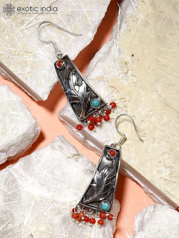 Exotic India Sterling Silver Leaf Earrings With Coral And Turquoise 