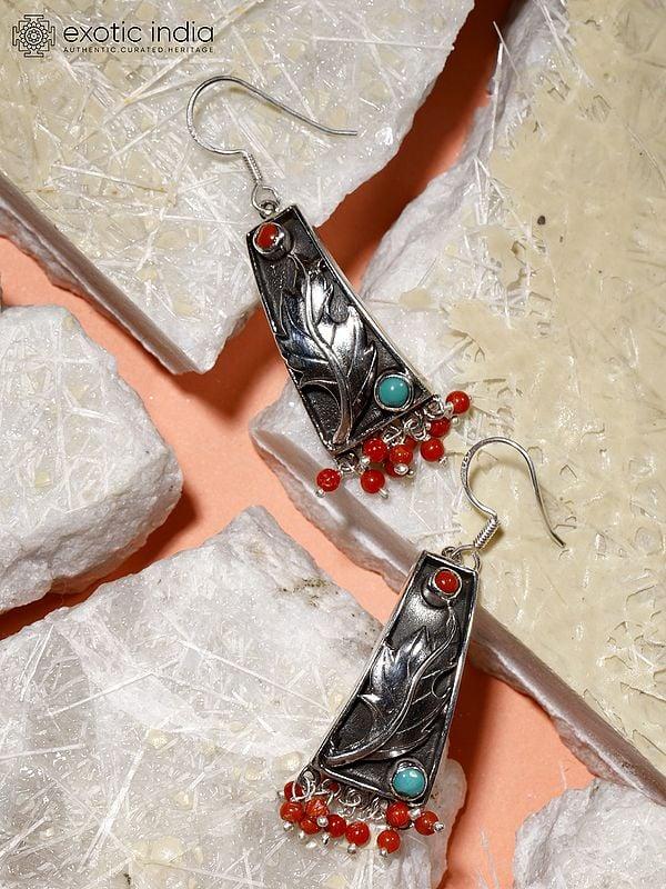 Exotic India Sterling Silver Leaf Earrings With Coral And Turquoise 