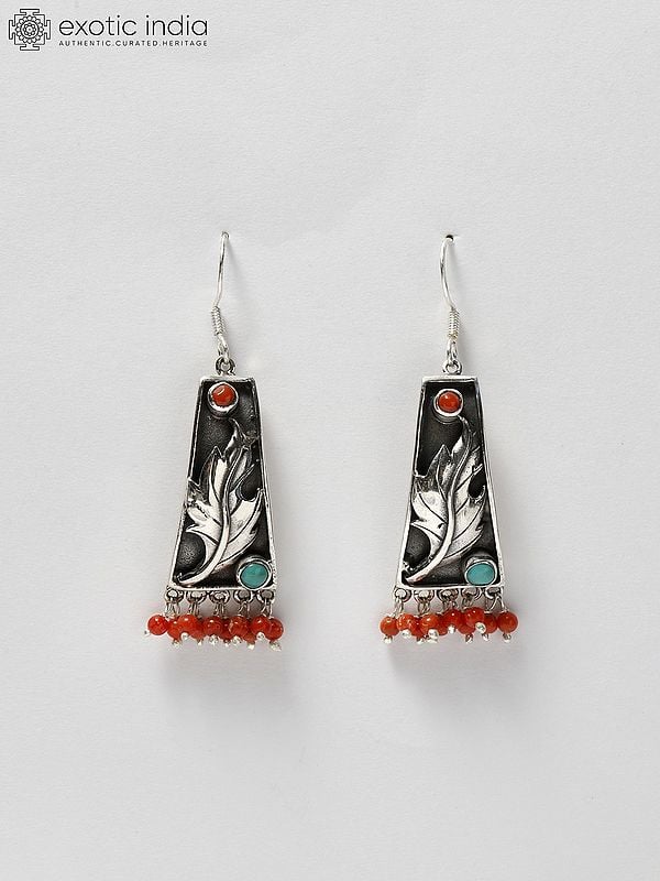 exotic india Sterling Silver Leaf Earrings with Coral and Turquoise