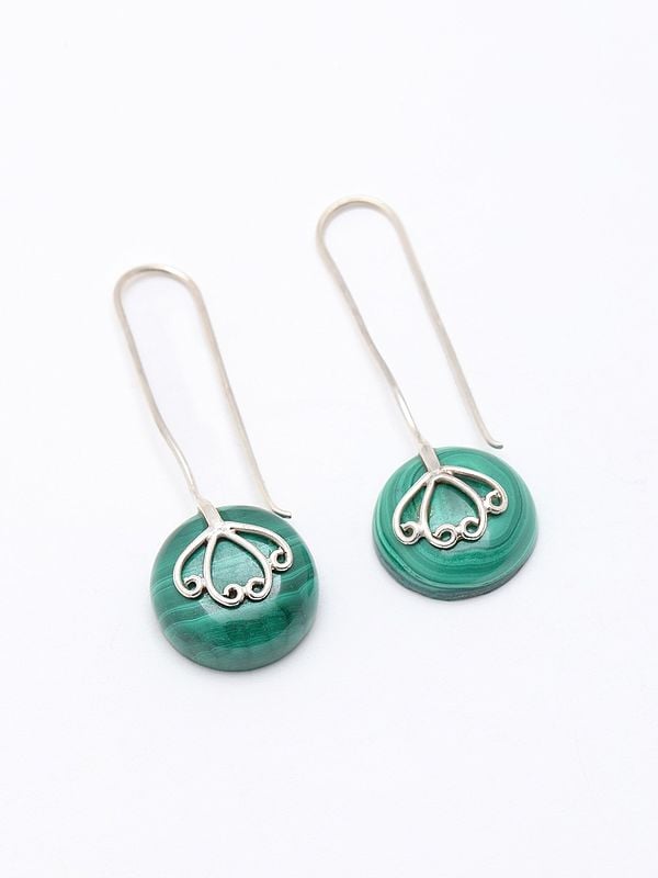 Exotic India Sterling Silver Long Hook Earrings With Malachite Gemstone