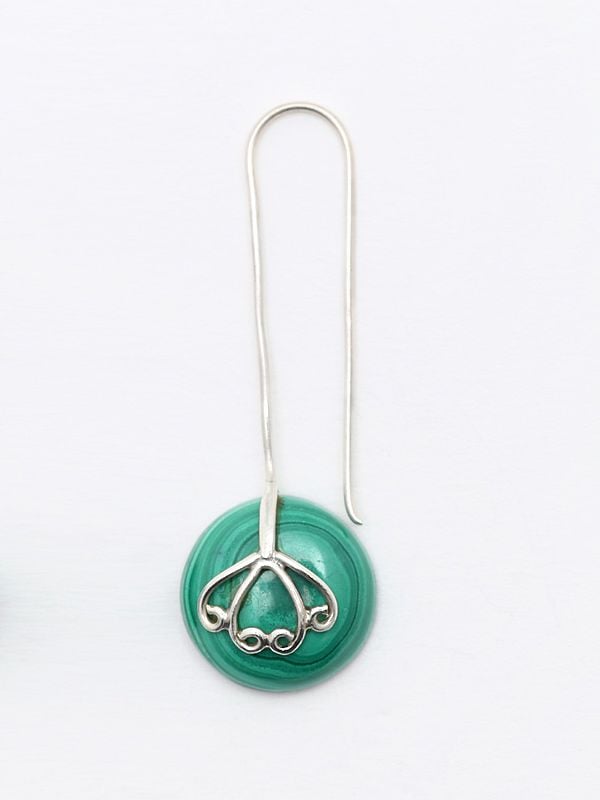 Exotic India Sterling Silver Long Hook Earrings With Malachite Gemstone
