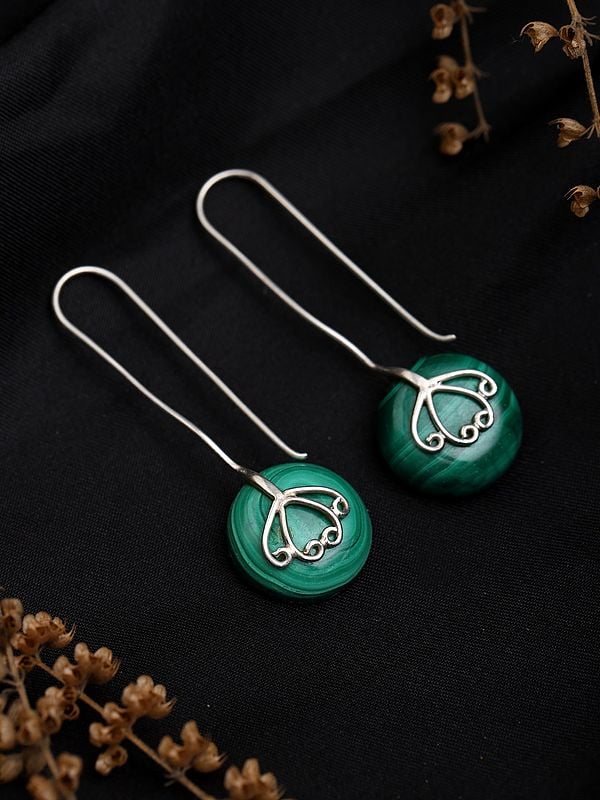 Exotic India Sterling Silver Long Hook Earrings With Malachite Gemstone