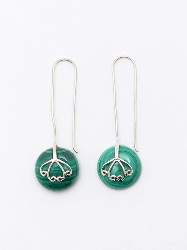 exotic india Sterling Silver Long Hook Earrings with Malachite Gemstone