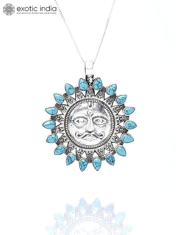 exotic india Sterling Silver Lord Surya Pendant with Tibetan Turquoise Gemstone 