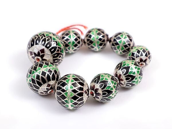 exotic india Sterling Silver Meenakari Beads (Price Per Nine Pieces) 