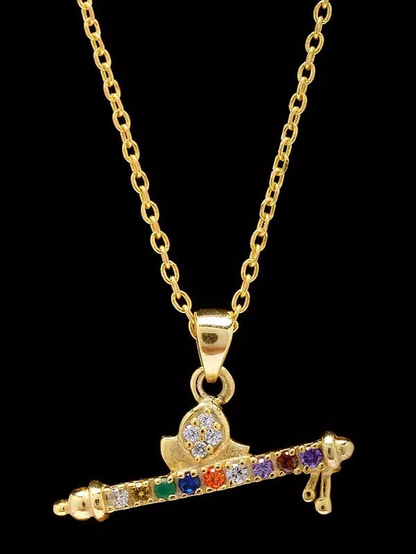 Exotic India Sterling Silver Murli Pendant With Round Shape Multi Gemstone 