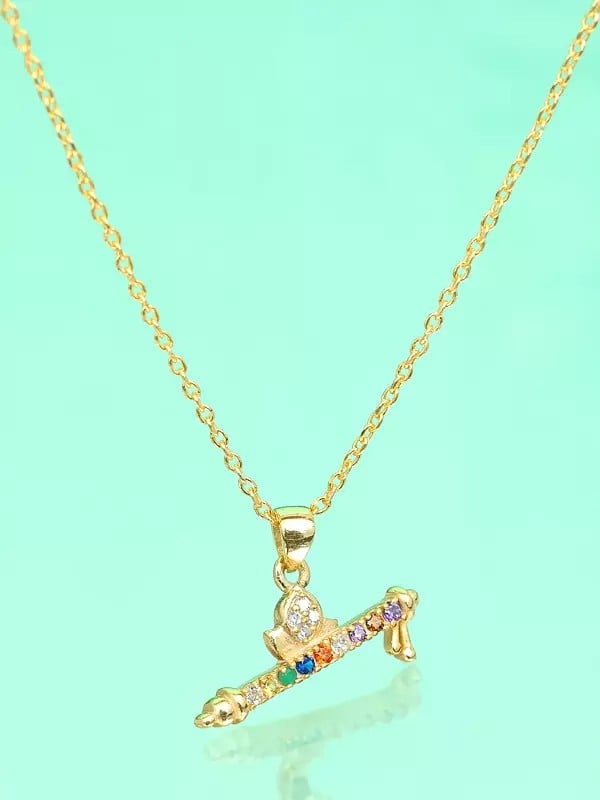 Exotic India Sterling Silver Murli Pendant With Round Shape Multi Gemstone 