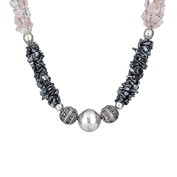 Exotic India Sterling Silver Necklace With Amethyst Gun Metal And Rose Quartz Stone