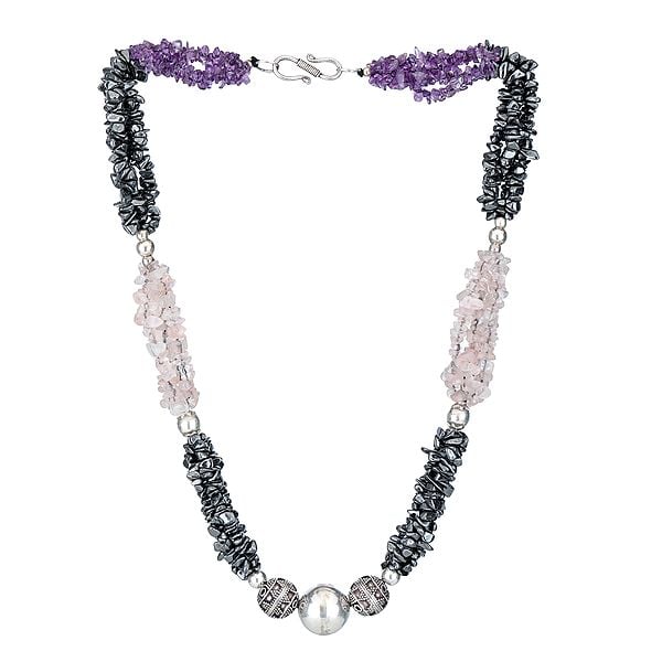exotic india Sterling Silver Necklace with Amethyst Gun Metal and Rose Quartz Stone 