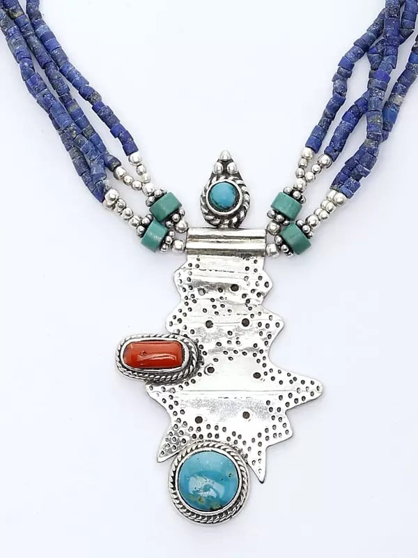 Exotic India Sterling Silver Necklace With Auspicious Turquoise Coral And Lapis Lazuli Beads 