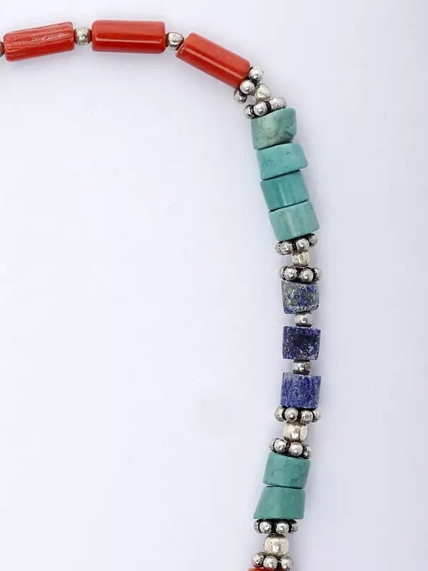 Exotic India Sterling Silver Necklace With Auspicious Turquoise Coral And Lapis Lazuli Beads 