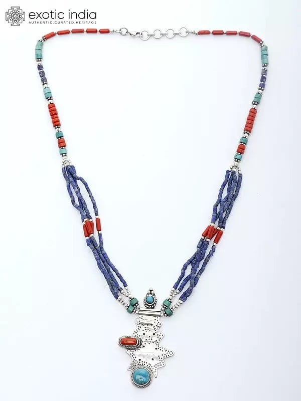exotic india Sterling Silver Necklace with Auspicious Turquoise Coral and Lapis Lazuli Beads 