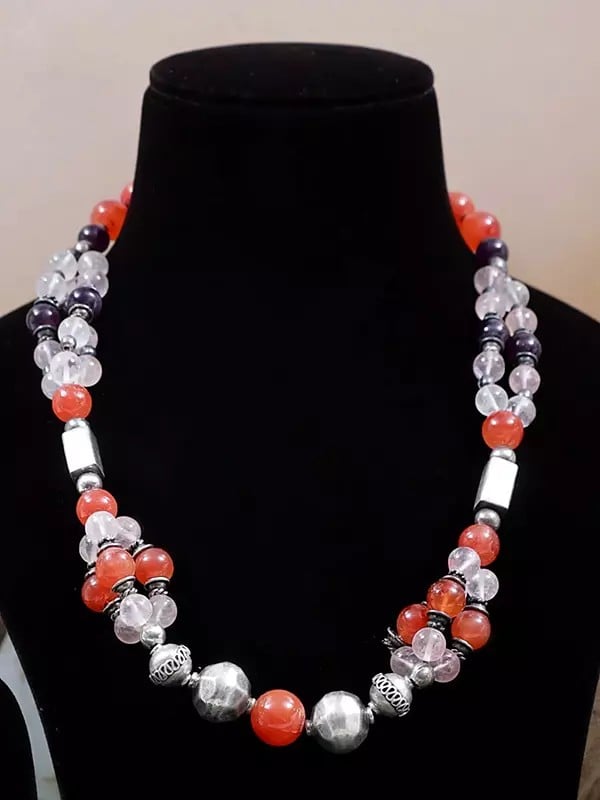 Exotic India Sterling Silver Necklace With Rose Quartz Amethyst And Carnelian 