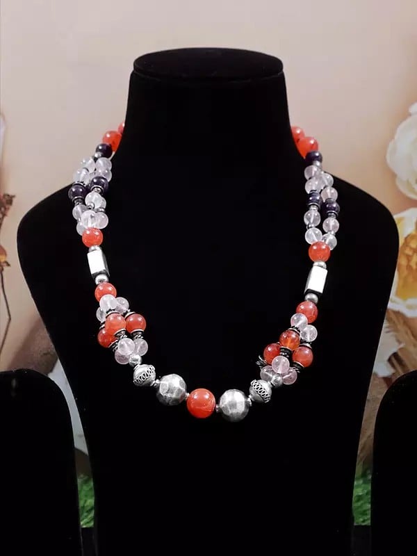 exotic india Sterling Silver Necklace with Rose Quartz Amethyst and Carnelian 