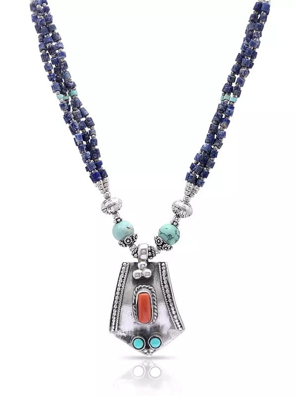 Exotic India Sterling Silver Necklace With Turquoise Lapis Lazuli And Coral Stone 