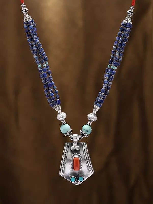 Exotic India Sterling Silver Necklace With Turquoise Lapis Lazuli And Coral Stone 