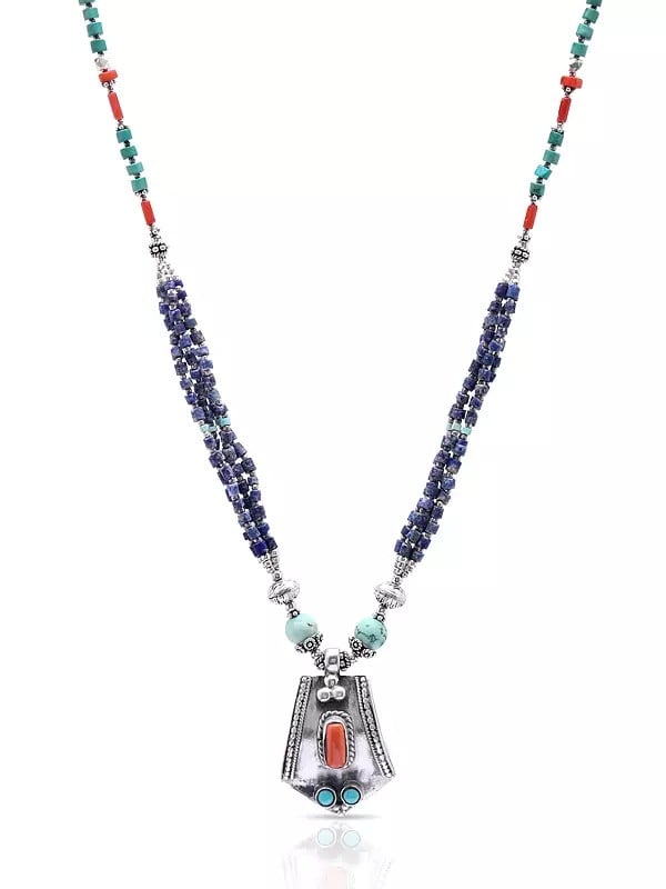 exotic india Sterling Silver Necklace With Turquoise Lapis Lazuli and Coral Stone 