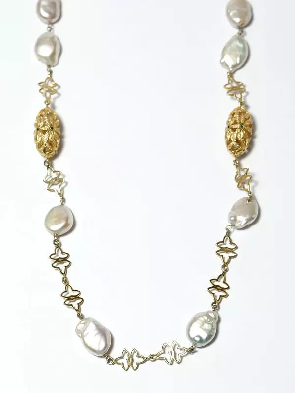 Exotic India Sterling Silver Necklace With Unshaped Pearls 