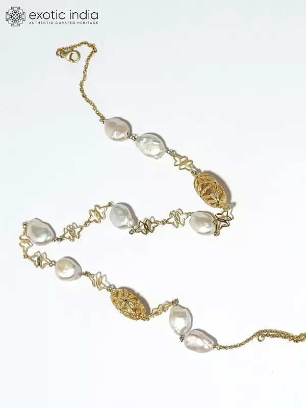 Exotic India Sterling Silver Necklace With Unshaped Pearls 