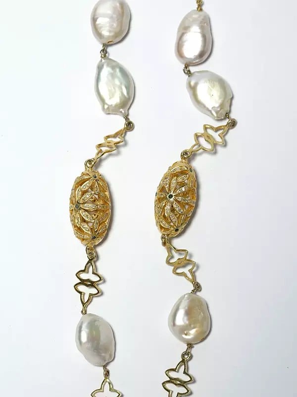 Exotic India Sterling Silver Necklace With Unshaped Pearls 