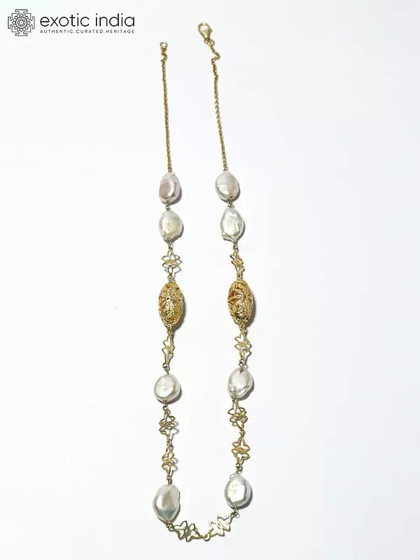 exotic india Sterling Silver Necklace with Unshaped Pearls 