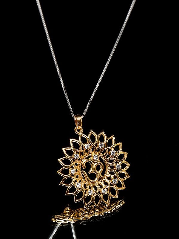 Exotic India Sterling Silver Om Mandala Pendant With Cubic Zirconia 
