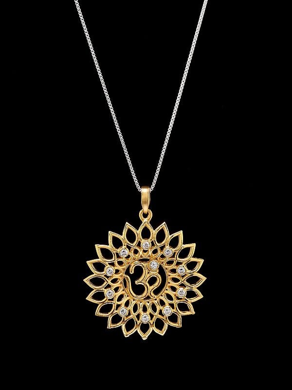 exotic india Sterling Silver Om Mandala Pendant with Cubic Zirconia 