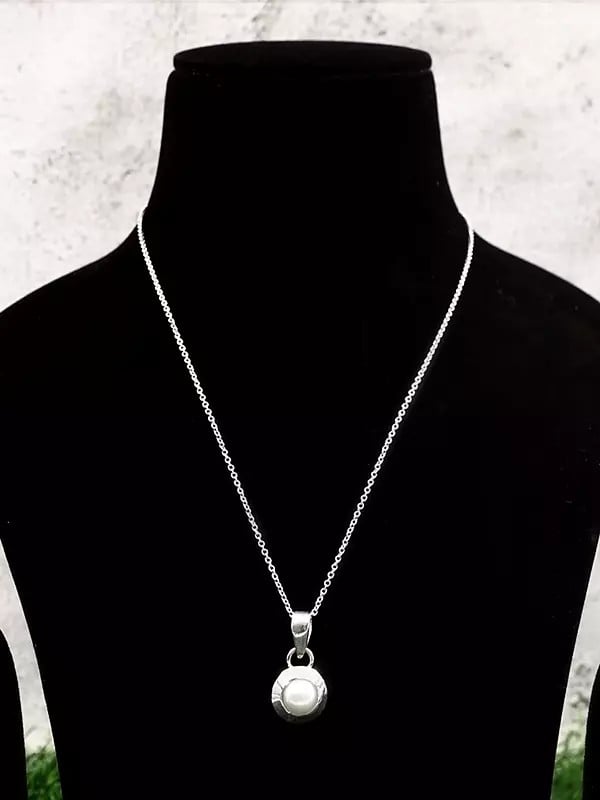 Exotic India Sterling Silver Pearl Stone Pendant With Earrings Set 