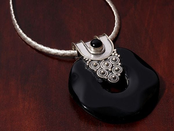 Exotic India Sterling Silver Pendant With Black Onyx Stone