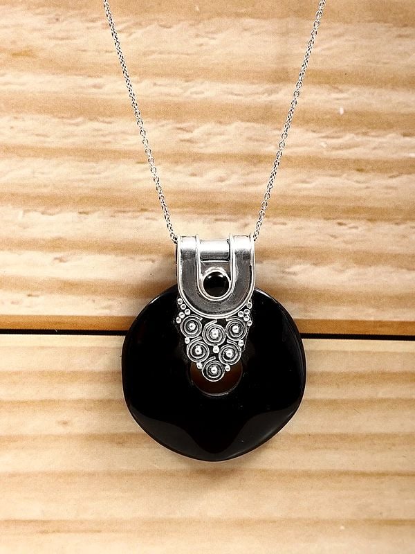 Exotic India Sterling Silver Pendant With Black Onyx Stone