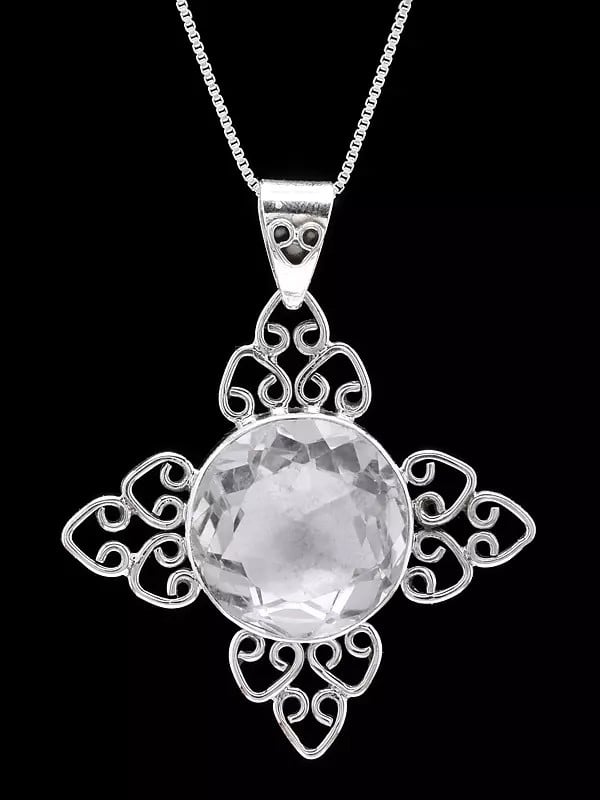 Exotic India Sterling Silver Pendant With Faceted Crystal 