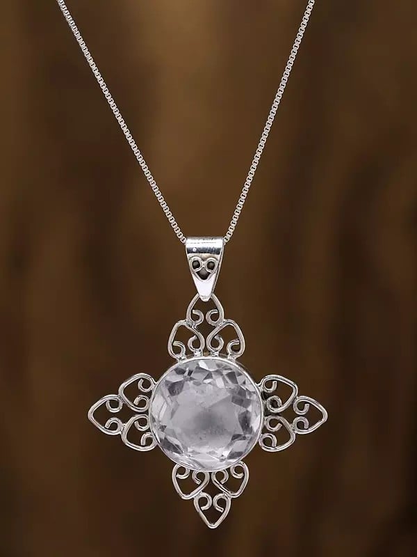 Exotic India Sterling Silver Pendant With Faceted Crystal 