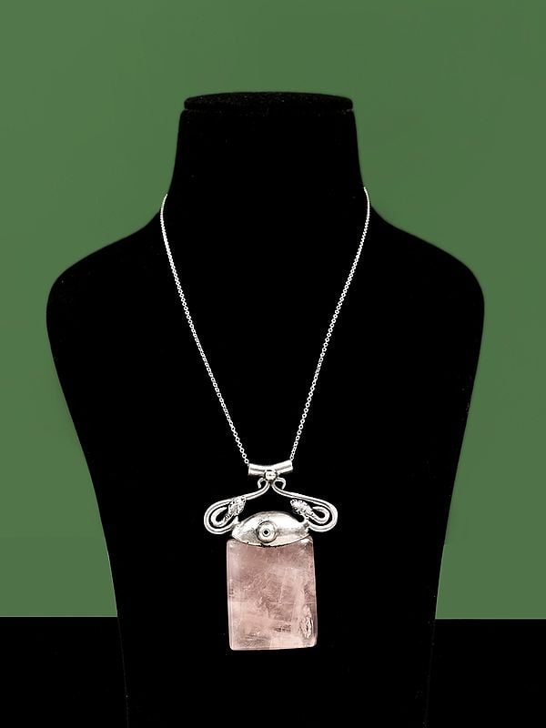 exotic india Sterling Silver Pendant with Rectangular Rose Quartz Stone