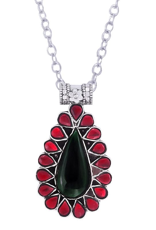 exotic india Sterling Silver Pendant with Red and Green Colored Glass