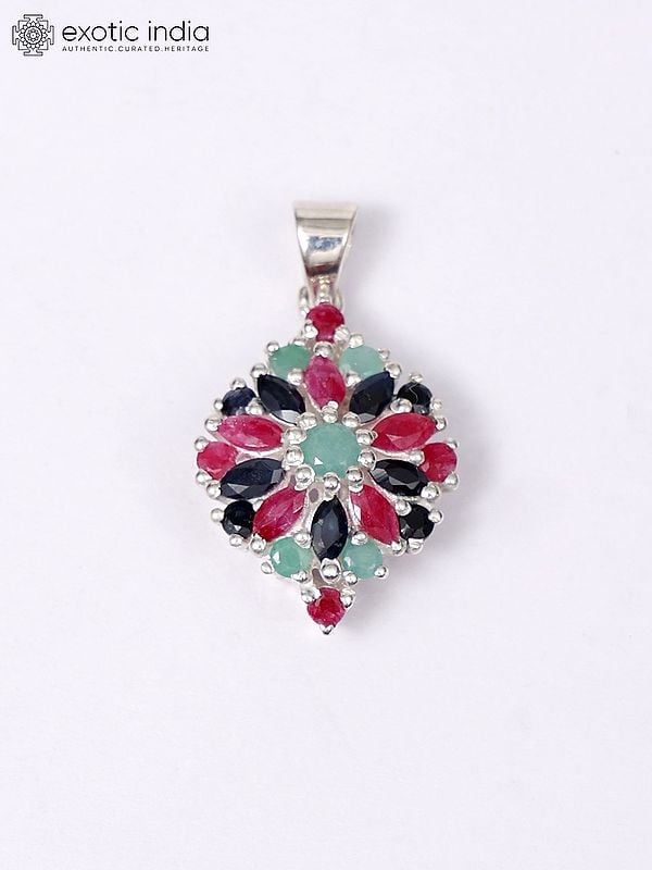 Exotic India Sterling Silver Pendant With Ruby Emerald & Sapphire Gemstones