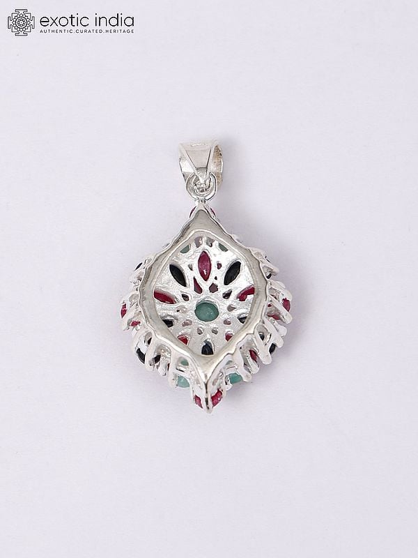 Exotic India Sterling Silver Pendant With Ruby Emerald & Sapphire Gemstones