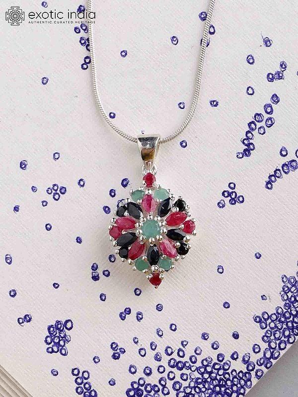 exotic india Sterling Silver Pendant with Ruby Emerald & Sapphire Gemstones