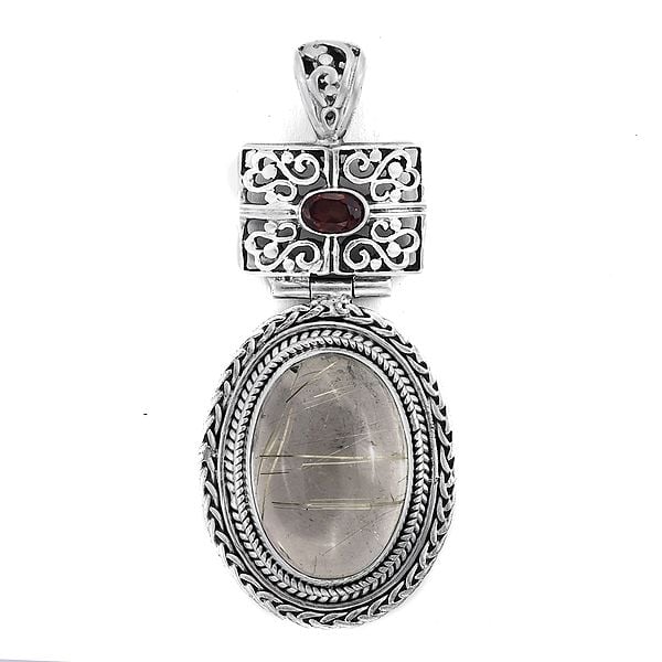 exotic india Sterling Silver Pendant with Rutile Quartz and Garnet Stone