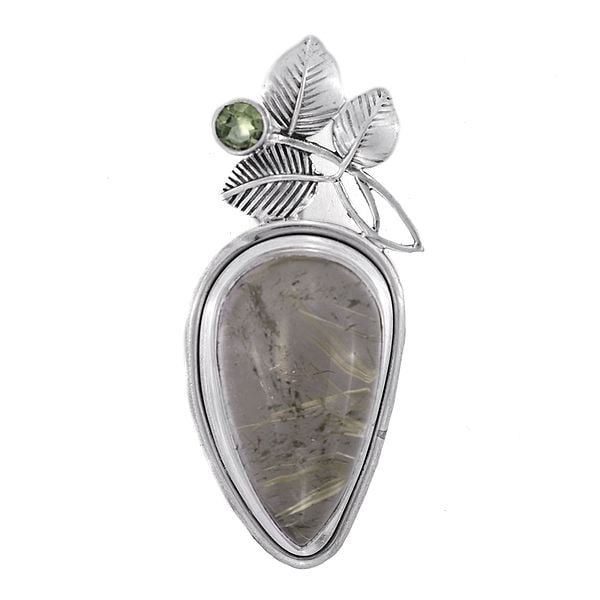exotic india Sterling Silver Pendant with Rutile Quartz and Peridot Stone