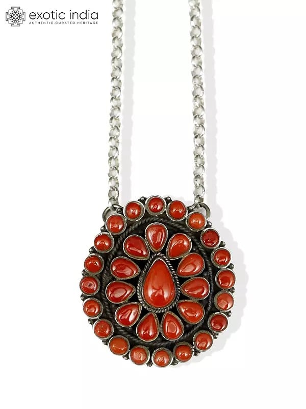 Exotic India Sterling Silver Pendant With Teardrop Shape Coral Gemstones 