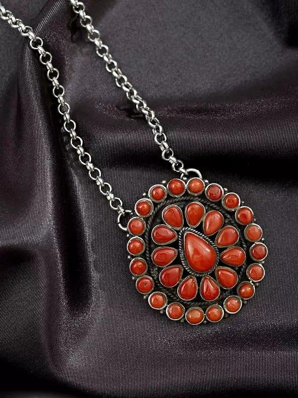 exotic india Sterling Silver Pendant with Teardrop Shape Coral Gemstones 