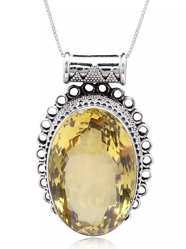 Exotic India Sterling Silver Rawa Work Pendant With Oval Lemon Quartz Gemstone 