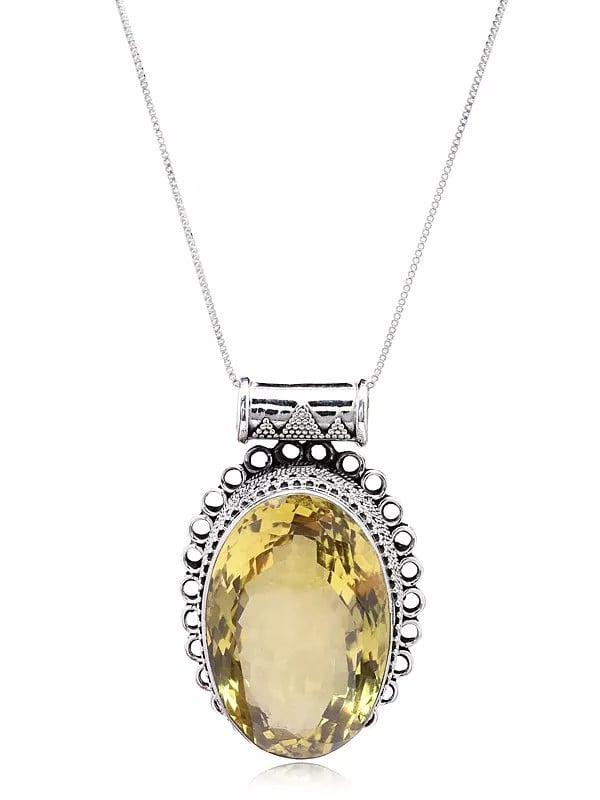 exotic india Sterling Silver Rawa work Pendant with Oval Lemon Quartz Gemstone 